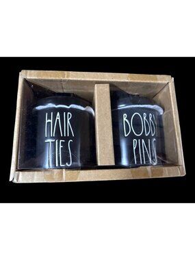 Rae Dunn Set of 2 'HAIR TIES" & "BOBBY PINS" Looped Lid Canister Brand New